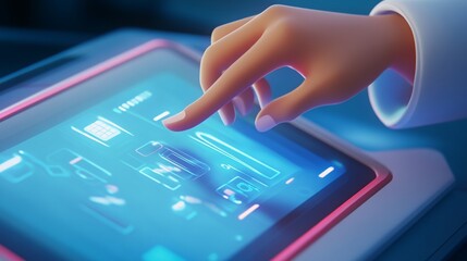 Cartoon 3D hand pointing at a touch screen