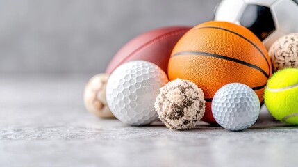 Diverse sports balls on grey background;  possible use sports website banner
