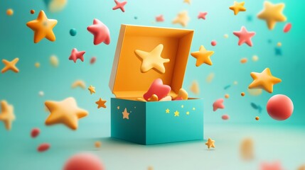 Cartoon 3D promo box design with stars for online shopping. 
