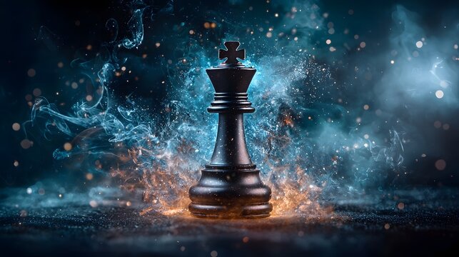 A surreal and conceptual image of a floating chess king symbolizing leadership adaptability and strategic thinking surrounded by dynamic waves of vibrant light conveying a sense of energy motion