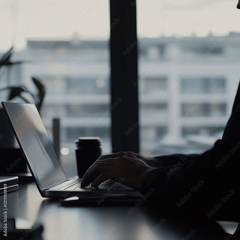 Poster a person sits at a desk with a laptop open, ready to work or communicate