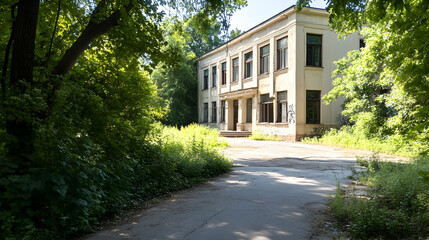 Obraz premium Abandoned building, overgrown path, summer sunlight, leafy trees. Perfect for illustrating neglect, decay, or historical sites