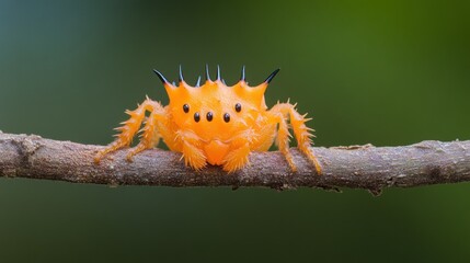 Obraz premium Orange Spiny Spider on Branch, Green Background, Close-up