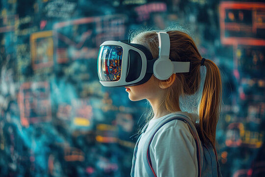 Schoolgirl uses VR headset simulators for learning. Girl in virtual reality glasses stands at the school board. Future learning concept.