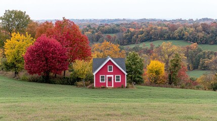 Red house on autumn hill, scenic landscape