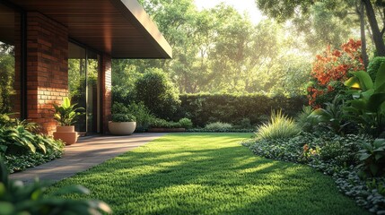 Obraz premium Sunlit lawn with vibrant plants by modern house.
