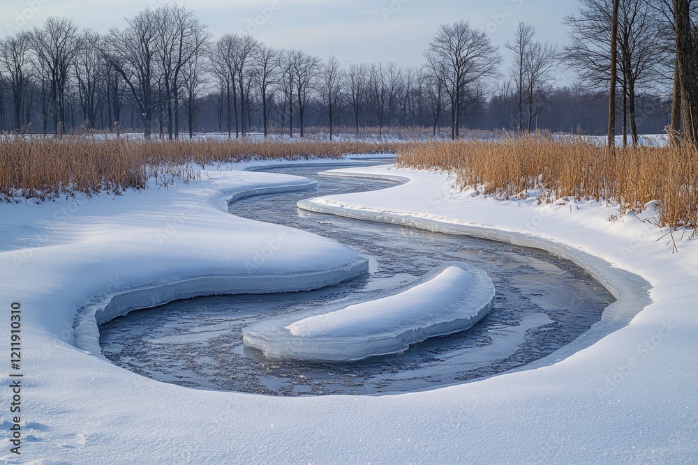 Poster a serene winter scene featuring a frozen stream winding its way through a snow-covered field