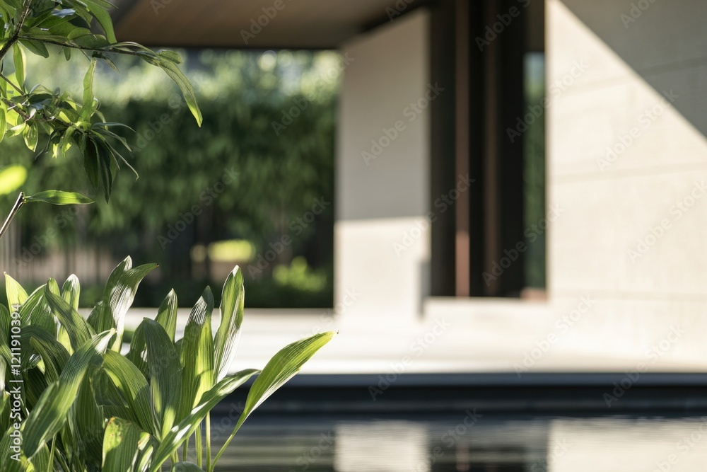 Poster a serene outdoor scene featuring a plant in front of a pool with a house in the background