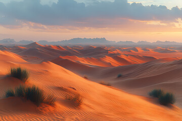 Naklejka premium A desert landscape at sunset, bathed in warm topaz hues. The shadows of the dunes create a deep contrast with the golden light 