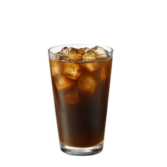 Refreshing iced coffee in a tall glass, perfect for a hot day.  The dark brown liquid is filled with ice cubes.