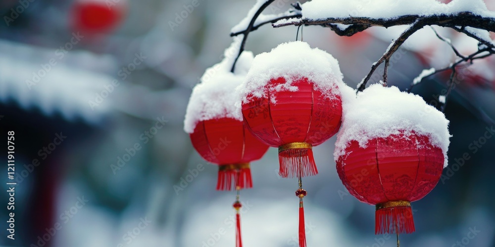 Poster A tree covered in snow with three red lanterns hanging from its branches