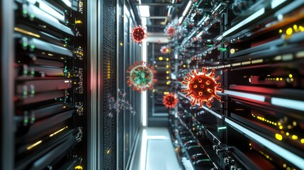 Digital viruses floating in a computer server room