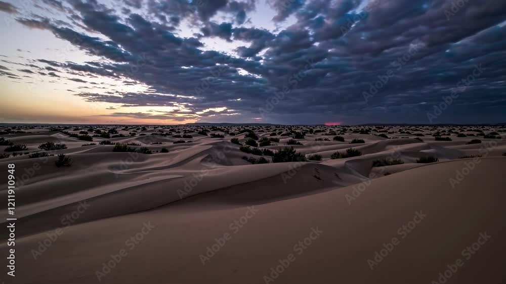 Poster serene twilight over vast desert landscape with rolling sand dunes and colorful evening sky