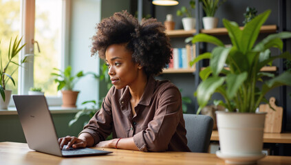 African American Woman Working at Desk with Laptop