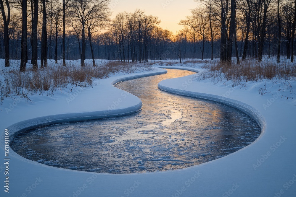 Poster a serene winter scene with a river running through a snow-covered forest, perfect for use in travel 