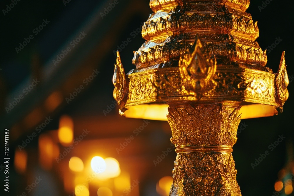 Poster a close-up shot of a golden lamp on a pole, suitable for use in various settings such as historical 