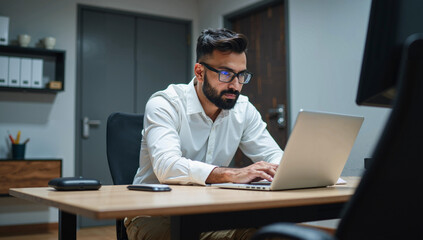 Man in Glasses Working at Desk with Laptop