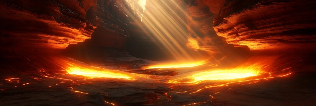A surreal digital art of a glowing canyon seen from within with rays of sunlight streaming through narrow openings