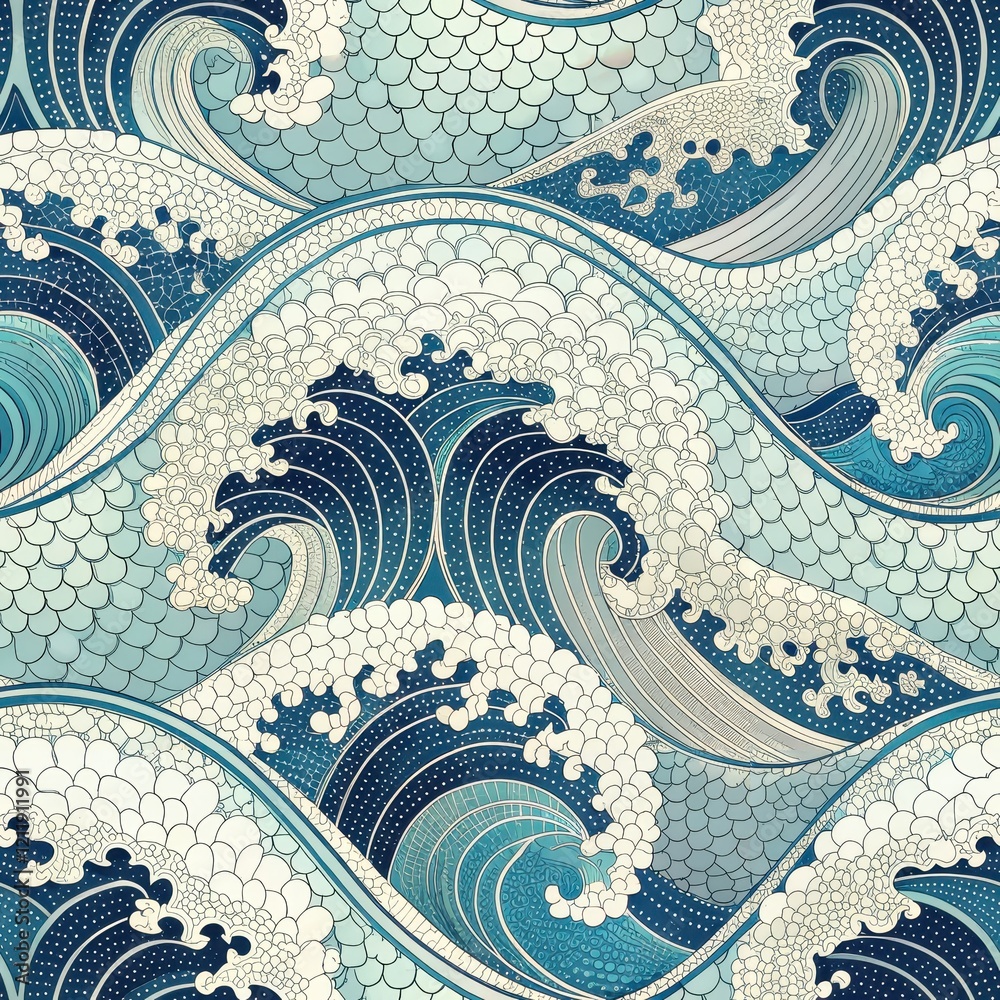 Wall mural Seamless Ocean Wave Pattern Blue Teal White Japanese Style Art Design