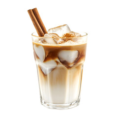 Iced coffee drink with cinnamon sticks and ice cubes. Refreshing summer beverage.