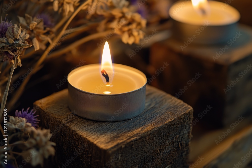 Poster a simple wooden block with two candles sitting on top, great for any interior design or decorative u