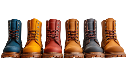 A vibrant display of colorful work boots arranged artistically to showcase their rugged appeal
