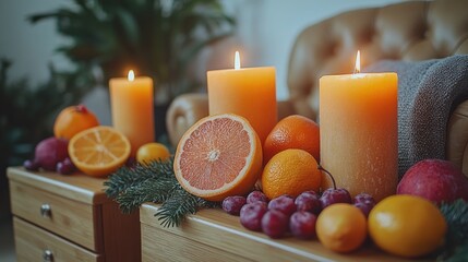 A bunch of candles sitting on top of a wooden table, great for still life photography or decorative purposes
