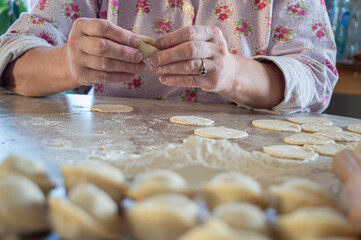 authentic photo of dumpling making at home. There is a dough on the table, flour and ground beef with onion for dumplings. High quality photo