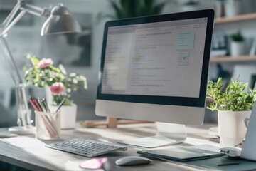 A computer monitor sits on top of a wooden desk, perfect for office or home use
