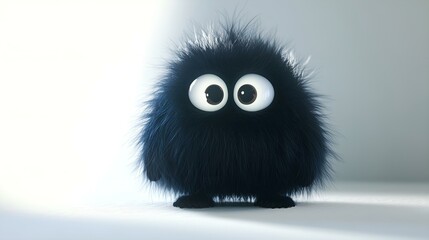 Fototapeta premium Fluffy black creature with large, curious eyes standing on a bright, minimalist background.