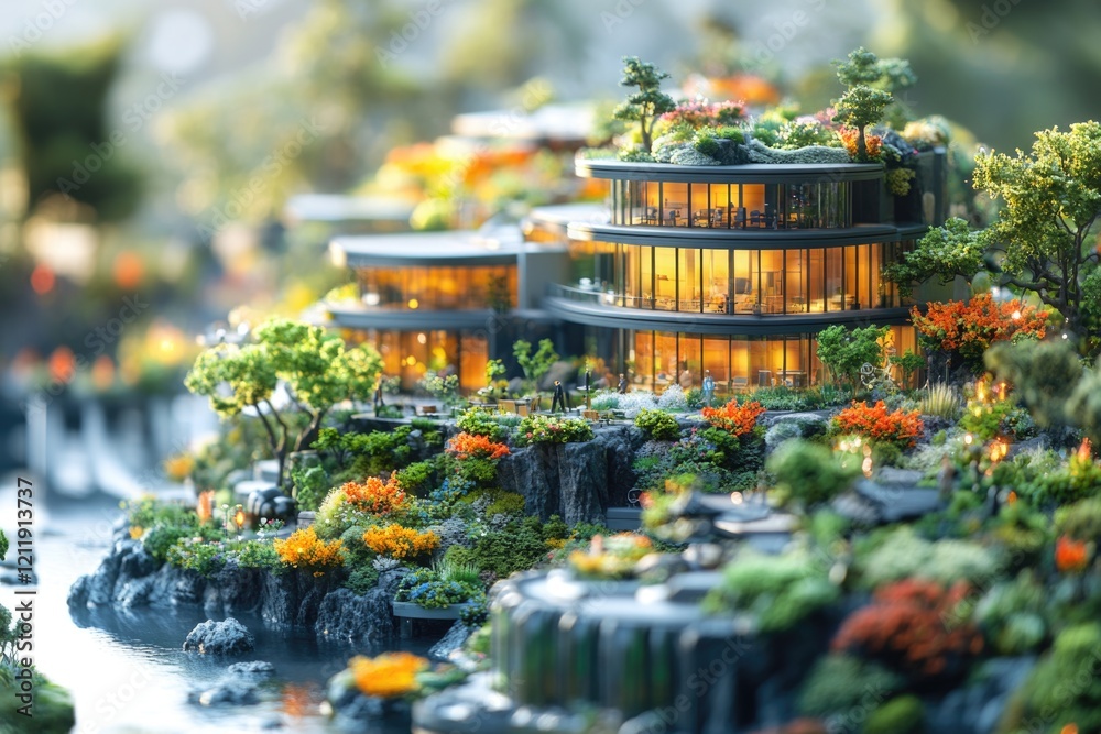Poster a small scale model of a house situated on a mountain peak, perfect for architectural or environment