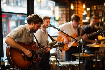 Live music performance by a band in a cozy bar setting during the evening