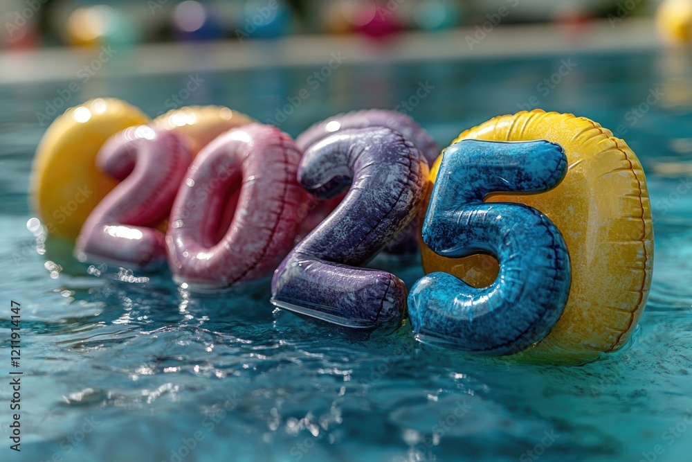 Poster colorful balloons floating on the surface of a calm pool water