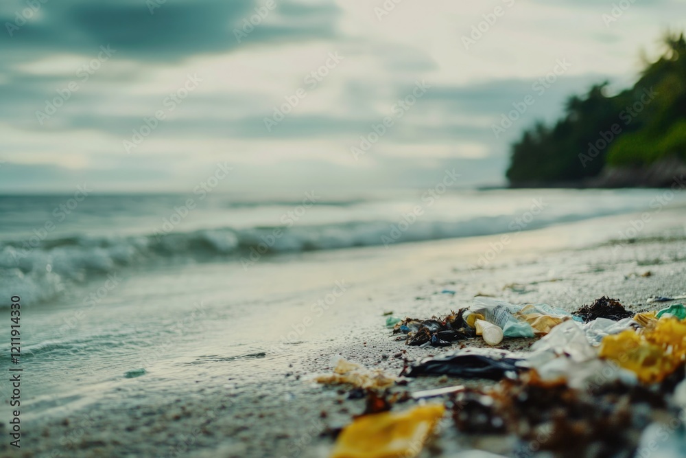 Poster a pile of garbage on a sandy beach near the ocean, highlighting pollution and environmental issues