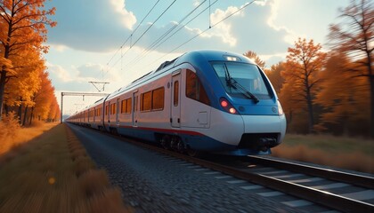 Fototapeta premium Blue and white passenger train travels past autumn trees at sunset, transportation