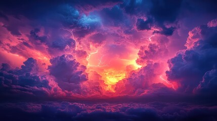 Fototapeta premium Fiery Storm Cloudscape: A Dramatic Lightning-Infused Sunset