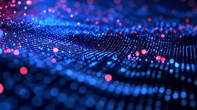 Abstract Data Flow: A mesmerizing wave of blue and red glowing particles creates a dynamic and abstract representation of data flow, perfect for technology and digital concepts. 