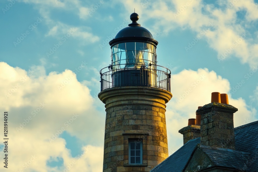 Aufkleber A lighthouse with a clock tower visible in the background, perfect for use in scenes about navigation, coastal life or time-related concepts