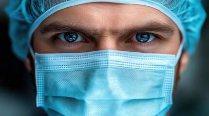 Doctor wearing a surgical mask and cap ready for patient care in a clinical setting