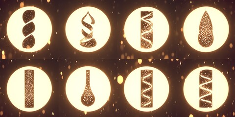 Eight abstract spiral and wavy textured shapes in glowing circles.