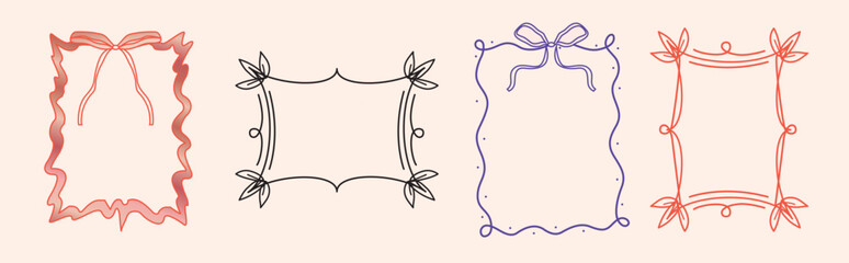 Vintage bows frame for greeting cards, wedding and birthday party, picnic invitations in cute elegant coquette style. Hand drawn ribbons border vector for social media decoration design template.