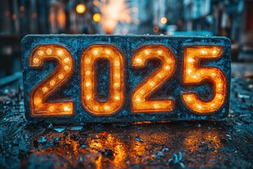 Sign reads 2025 on a city street, useful for urban backgrounds or futuristic themes