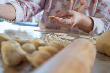 authentic photo of dumpling making at home. There is a dough on the table, flour and ground beef with onion for dumplings. High quality photo