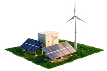 Remote renewable energy setup with solar panels and wind turbine isolated on transparent.png