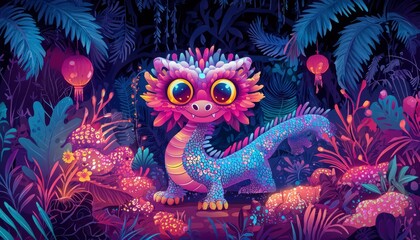Obraz premium A Cute Neon Dragon in a Vibrant Tropical Forest