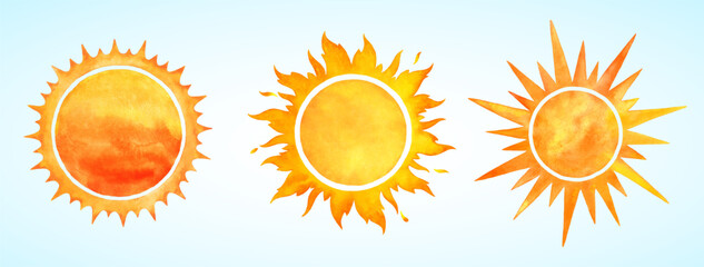 Watercolor vector round sun shapes, spiked crowns, sunburst. Rising sun, sunset, dawn illustrations bundle. Orange red yellow watercolour stains circles, fire flaming frames. Maslenitsa background set