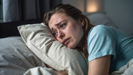Obraz premium Heartbroken Woman Lying in Bed, Overcome with Sadness and Tears