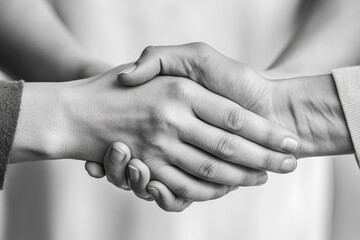 Two individuals shake hands in a formal agreement