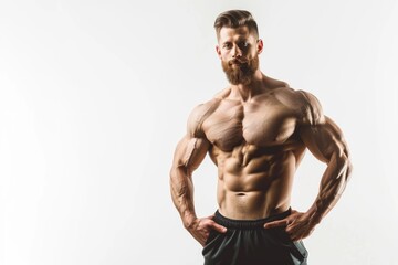 Fototapeta premium Fit man displaying muscles on white background.
