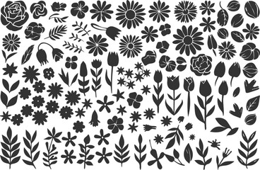 "Flower and Leaf Silhouette Collection: Hand-Drawn Black & White Floral Elements